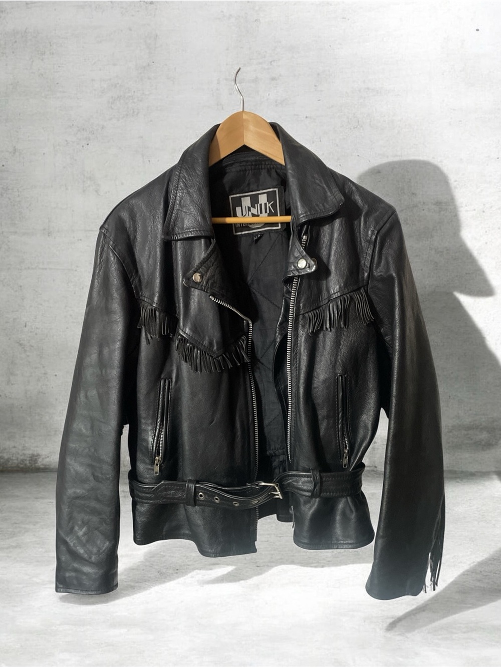 Unik Black Leather Fringe Biker Jacket with Belt